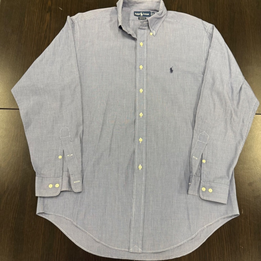 Ralph Lauren Yarmouth Shirt Mens 16 34/35 Blue‎ Micro Check Excellent Cotton LS
